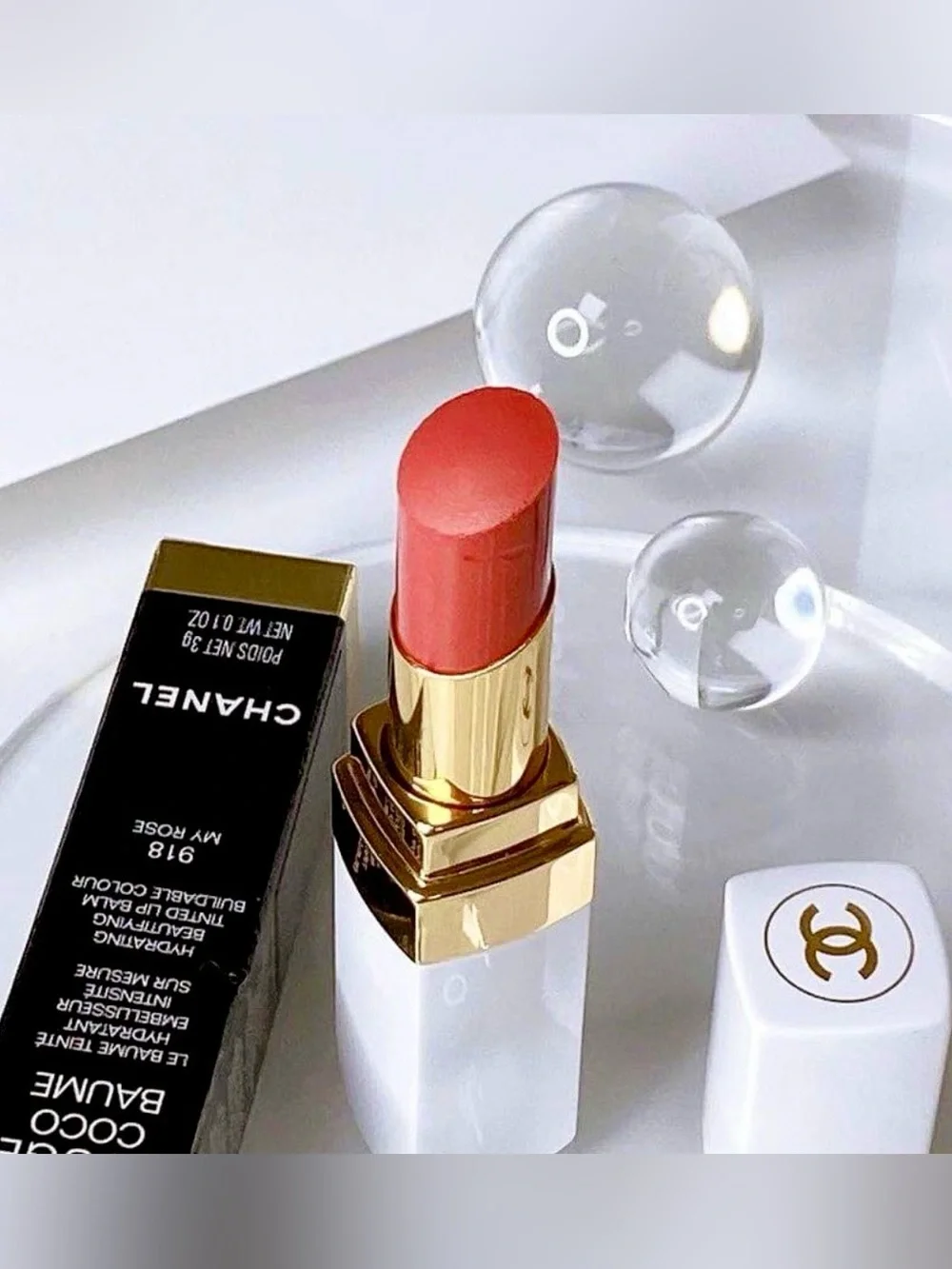 CHANEL Rouge Coco Baume Tinted Lip Balm 918 My Rose - White & Gold Tube